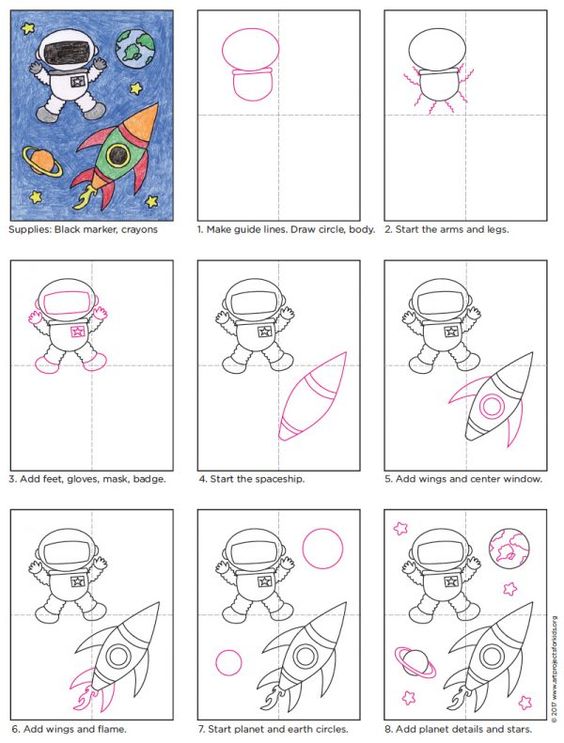 нарисовать космонавта для детей поэтапно карандашом 5